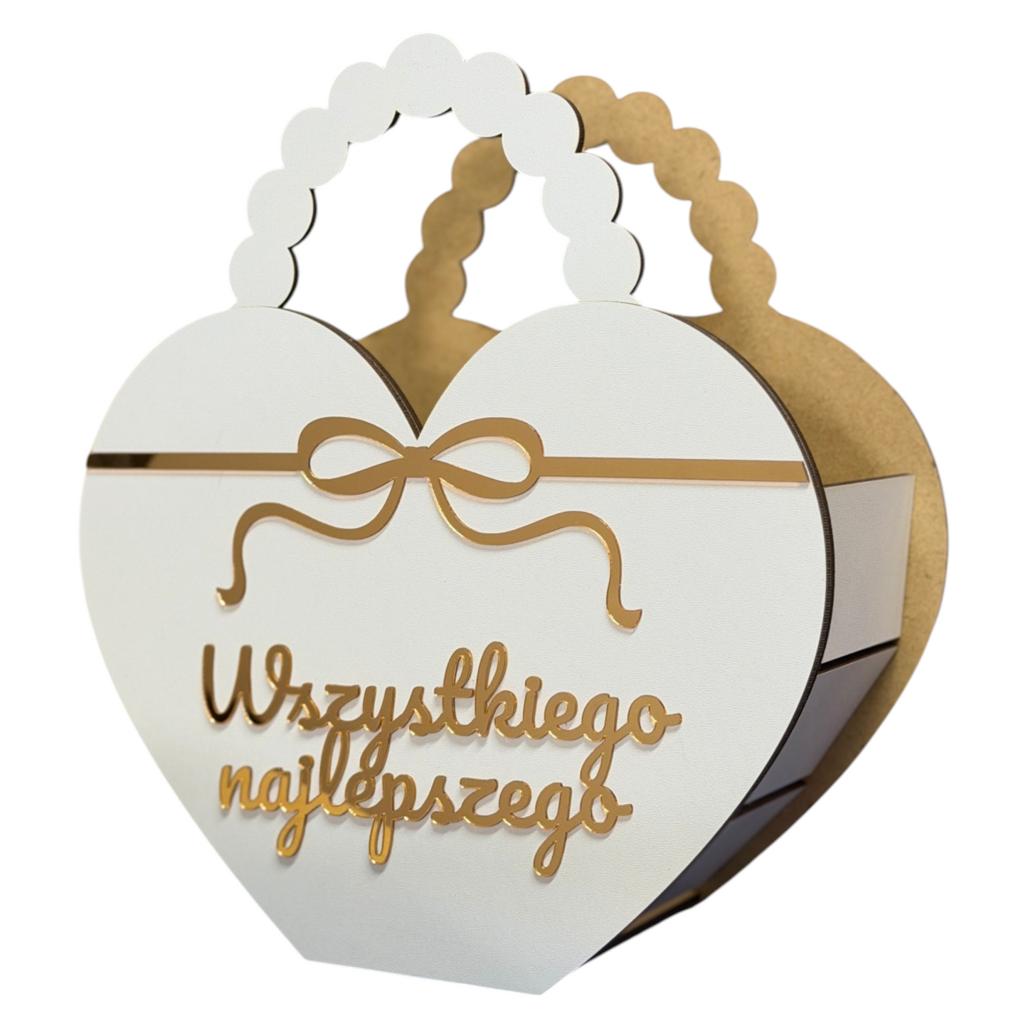 Pudełko Prezentowe, Flowerbox  –Białe Serce, Złoty Napis Do Wyboru