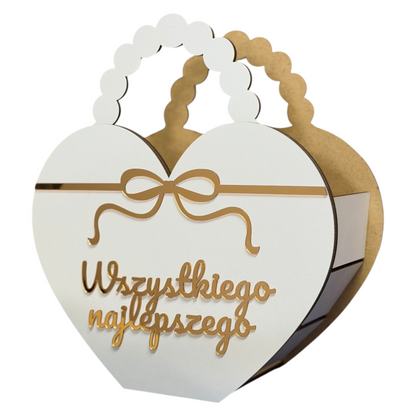Pudełko Prezentowe, Flowerbox  –Białe Serce, Złoty Napis Do Wyboru