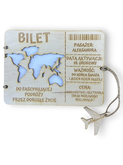 Prezent na urodziny DREWNIANA KARTKA GRAWER personalizowana 1-99 BILET