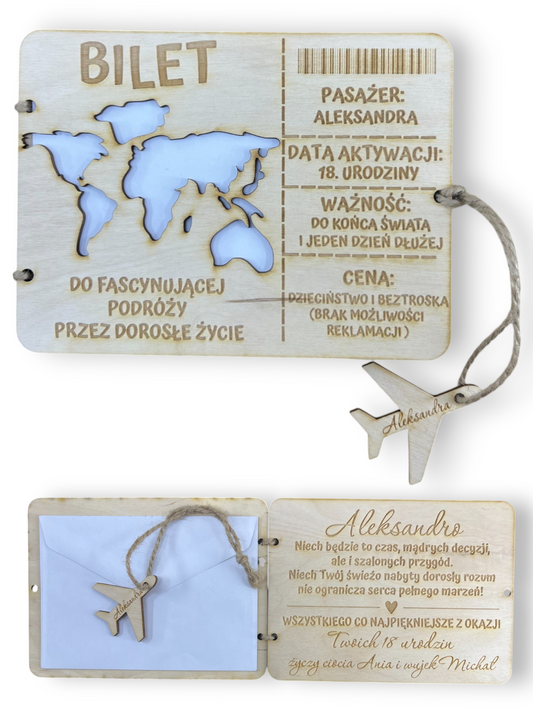 Prezent na urodziny DREWNIANA KARTKA GRAWER personalizowana 1-99 BILET