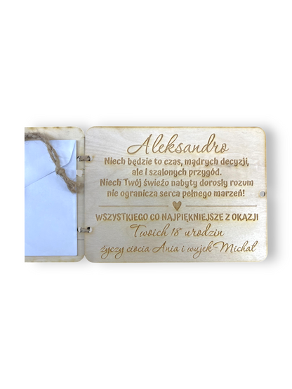 Prezent na urodziny DREWNIANA KARTKA GRAWER personalizowana 1-99 BILET