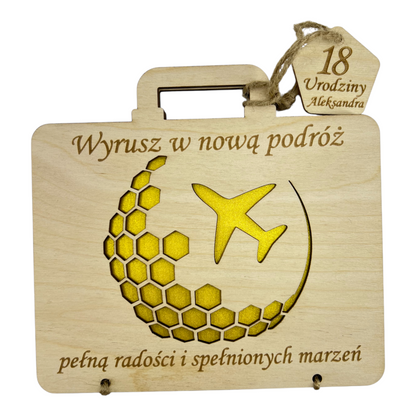 Prezent na urodziny DREWNIANA Grawerowana Kartka Samolot