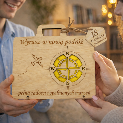 Prezent na urodziny DREWNIANA Grawerowana Kartka Kompas