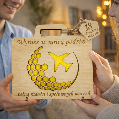 Prezent na urodziny DREWNIANA Grawerowana Kartka Samolot